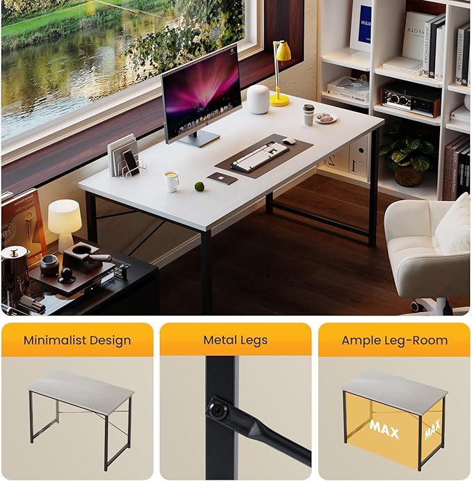 NEWBULIG 47.2” Computer Desk White Office Writing Desks Compact Study Table Student Bedroom Home Work PC Workstations with Metal Frame Wood Tabletop Small Spaces