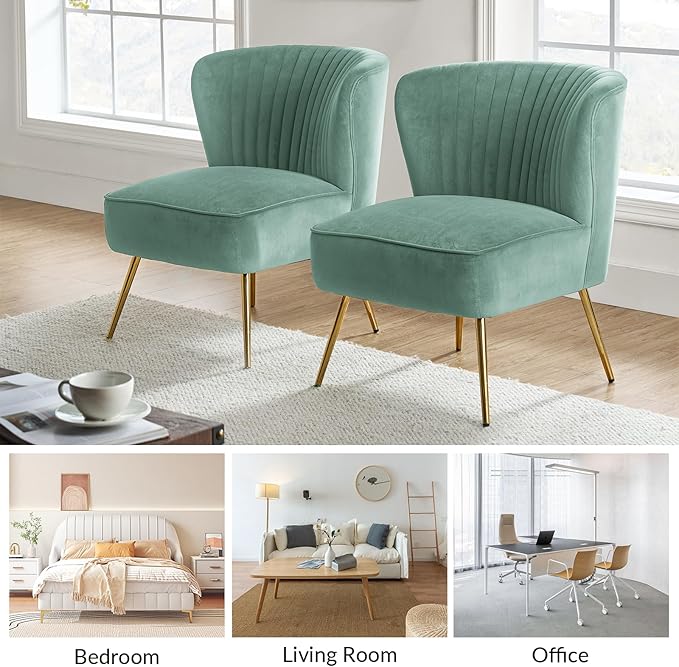 HULALA Home Velvet Accent Chair Set of 2 Modern Armless Upholstered Side Chair with Glam Gold Metal Legs for Vanity Living Room Bedroom - SAGE