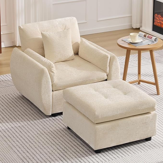 30 Modular Cloud Accent Chair with Ottoman Deep Seat Tufted Chenille Sofa Chair with Curved Arms Upholstered Reading Chairs for Living Room Bedroom Beige
