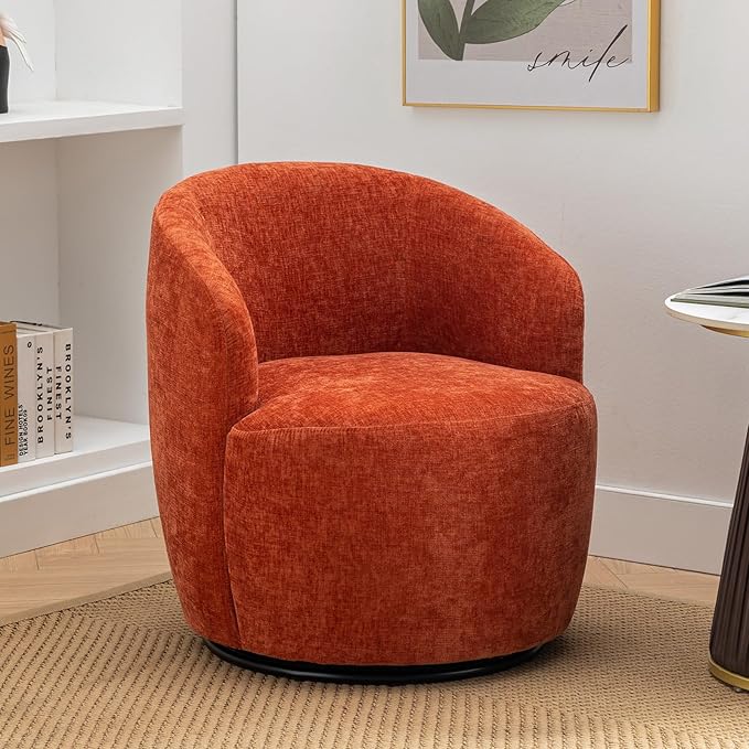 360 Degree Swivel Accent Chair Modern Barrel Vanity Chair with Back Comfy Single Circle Couch for Living Room Bedroom Reading Nook (Chenille Orange)