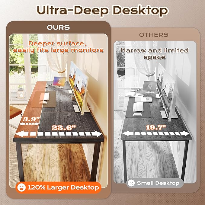 Huuger 63 x 24 inch Desk with Power Outlets &amp USB-C Deeper &amp Thicker Desktop Robust Metal Tubes Computer Desk Heavy Duty Office Desk Work Gaming Desk for Home Office Grey