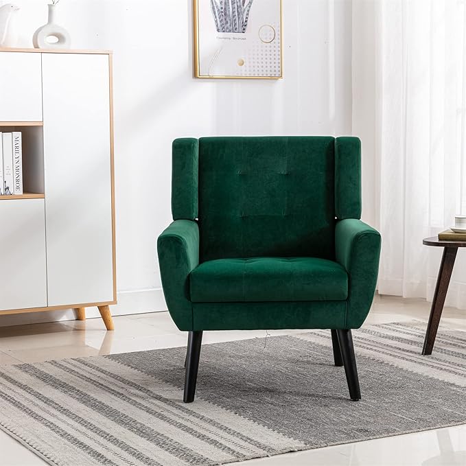 Generic Modern Soft Velvet Material Ergonomics Accent Chair Living Room Chair Bedroom Chair Home Chair with Black Legs for Indoor Home Retro Green