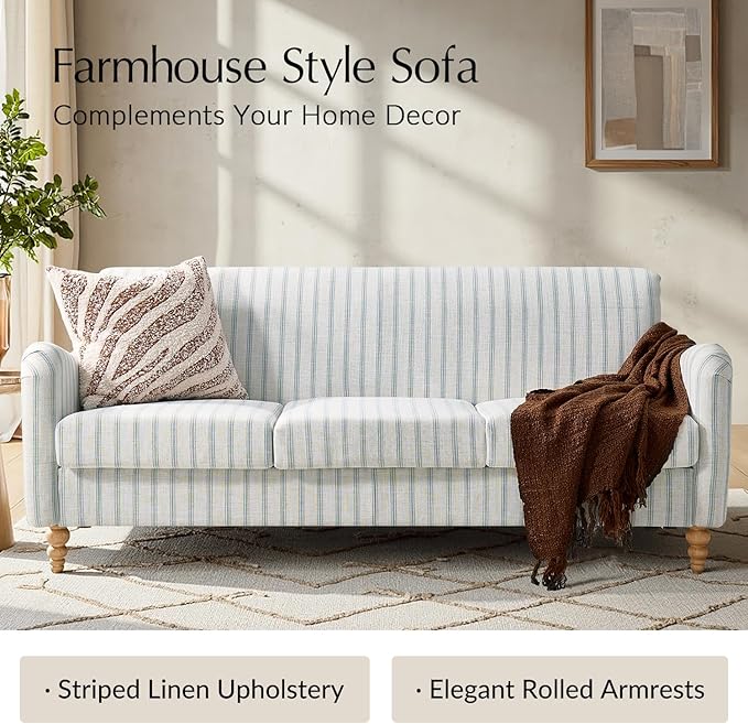 HULALA HOME Farmhouse Curved Couch with Stripe Pattern 3 Seater Sofa with Solid Wood Spindle Legs and Rolled Wide Armrests Comfy Upholstered Sofa for Living Room Bedroom Blue