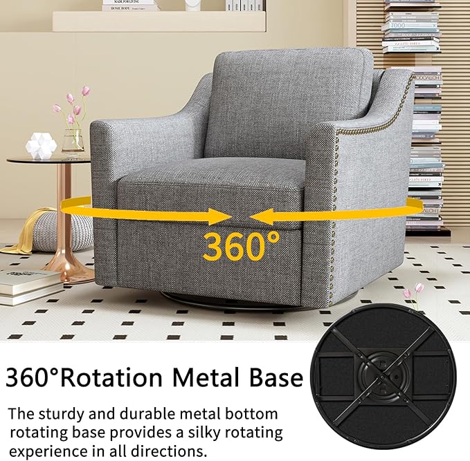 Cotton Linen Fabric Upholstered 360° Swivel Accent Chair Armchair with RivetsSquare Club Sofa Arm Chair with Metal Base Barrel Chairs for Bedroom Living Room Office (Light Grey)