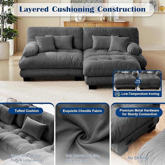 Cloud Couch Sectional Couch for Living Room L Shaped Sofa with Ottoman Oversized Loveseat Sofa Chenille Dark Grey