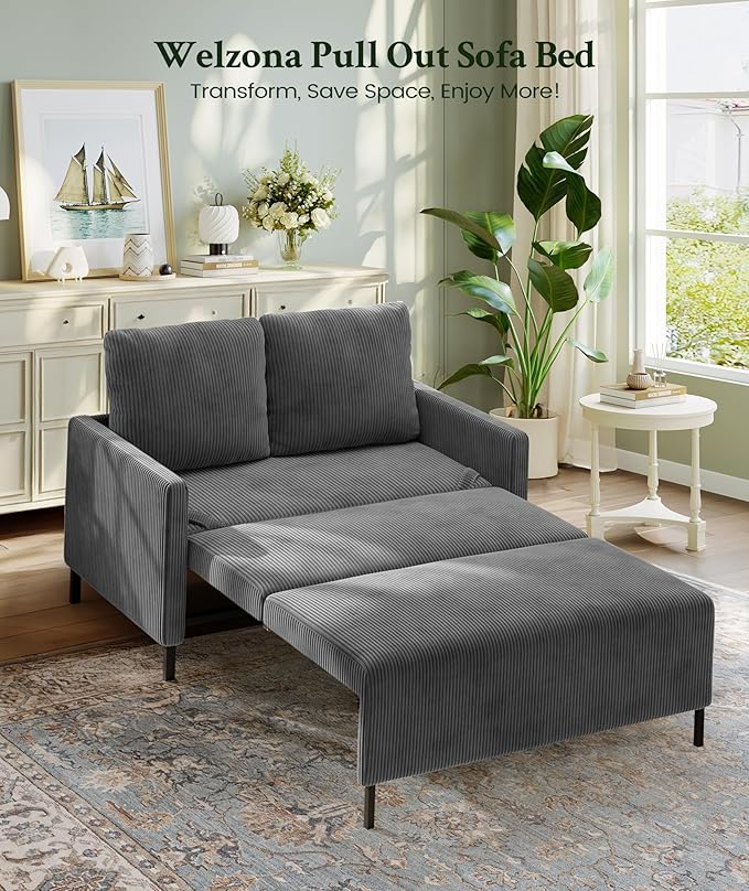47.2 Convertible Sofa Bed Couch Comfy Corduroy Couch Bed All in 1 Loveseat Sleeper Sofa Love Seat Sleeper Bed with 2 Pillows Modern Couches for Living Room/Apartment/Home/Office Grey