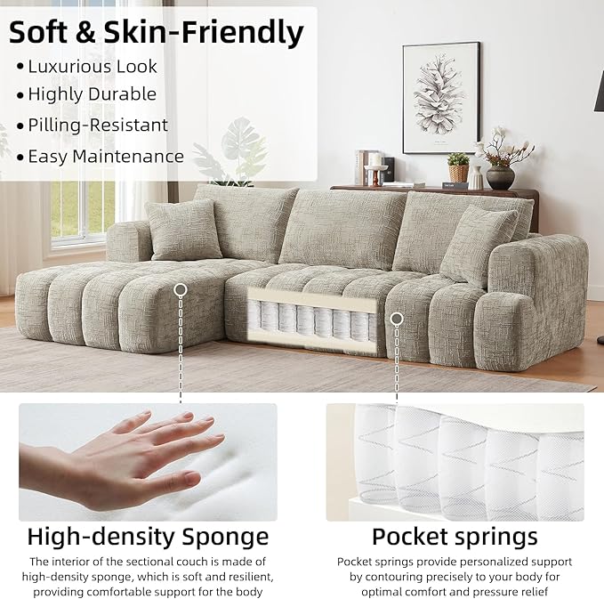 110 Inch Cloud Sectional CouchModern Upholstered Sofa with Deep SeatChenille Boneless Couches with L-Shape ChaiseSponge Compressed Couches for Living Room (Khaki Left Facing Chaise)