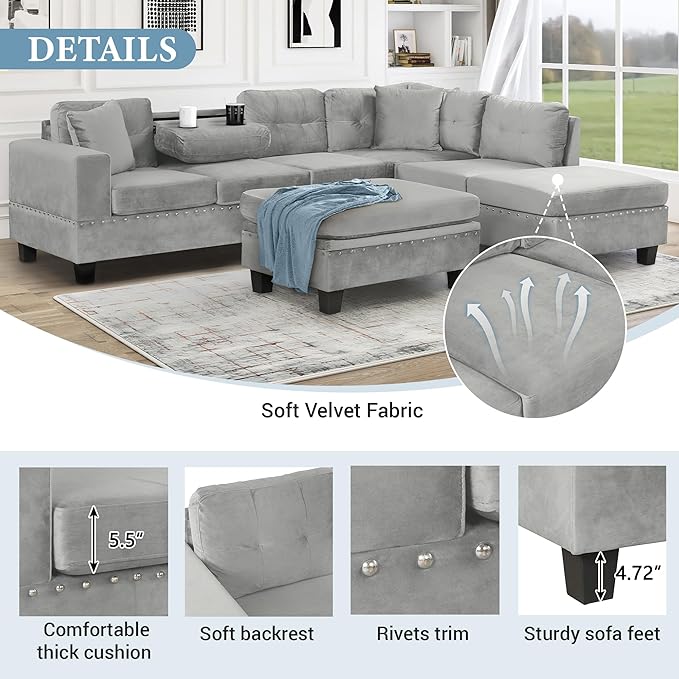 P PURLOVE Sectional Sofa with Reversible Chaise and 2 Pillows Polyester L-Shaped Sofa with Storage Ottoman and Cup Holders Sectional Couche Living Room Furniture Sets (Gray)