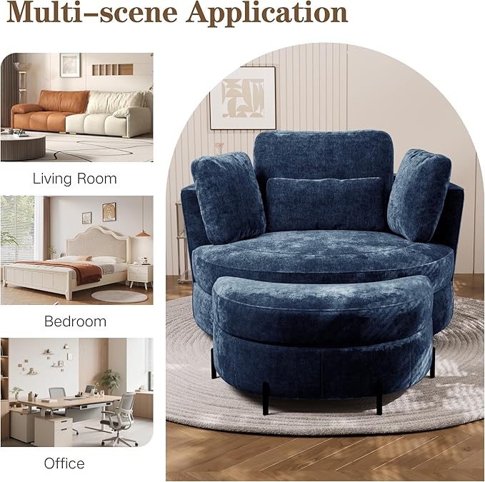 Chifee &amp Vingol Swivel Accent Chair with Ottoman 50.2 Round Swivel Chair Storage Ottoman &amp Pillows 360° Barrel Chair for Living Room Bedroom OfficeChenilleNavy