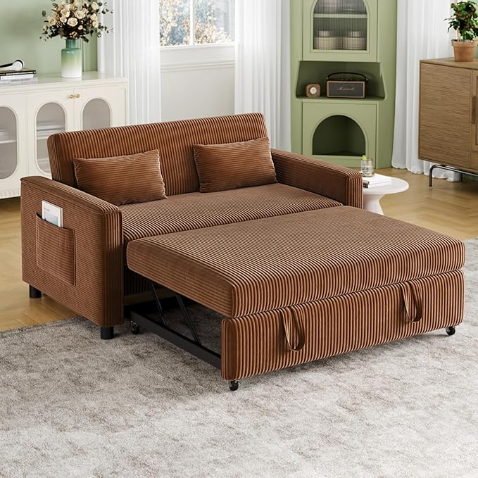 Sleeper Sofa with Pull Out Sofa BedCorduroy Futon Sofa Bed with 3 Level Adjustable Backrest &amp Storage Pockets and 2 Toss PillowsModern Couch Bed for Living RoomBedroom（Brown）