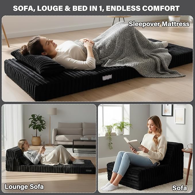 Tiita Folding Sofa Bed Single Size Convertible Sleeper Chair Mattress with Pillow Thick Corduroy Floor Mattress Couch Bed with Side Pocket Guest Room Dorm Apartment Black