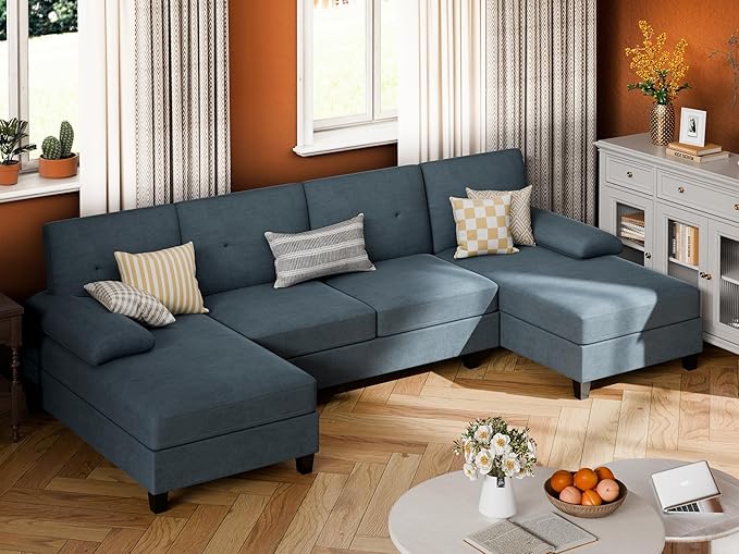 JY QAQA Sectional Couche with Soft Cushion U-Shaped Sofa with Double Chaise 4-Seat Linen Fabric Sofa Sets for Living Room Apartment Grey