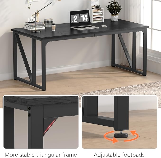 70 inch Executive Desk Rustic Office Computer Desk with Thick Metal Frame Vintage Workstation Writing Table Business Furniture for Office Study (Black)