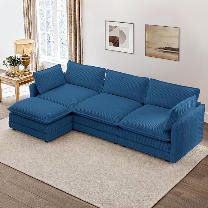 112 L Shaped Couch Modern Modular Sectional Sofa with Movable Ottoman 4-Seater Comfy Cloud Couch with Corduroy Deep Seat and Pillow for Living Room Bedroom and Apartment Blue