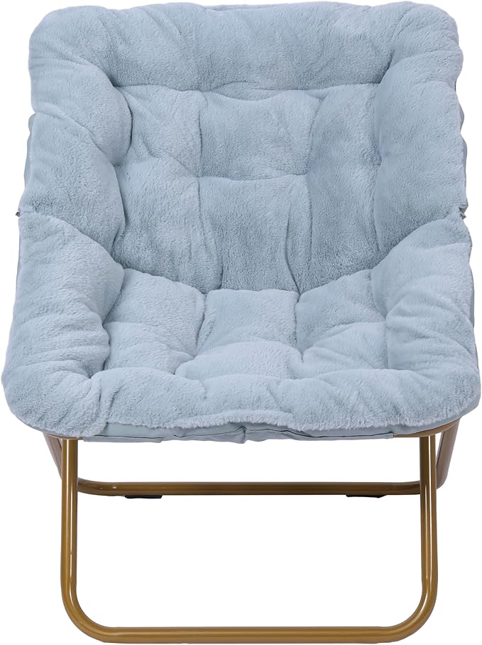 Flash Furniture Archer Saucer Chair with Folding Steel Frame Portable Oversized Saucer Chair for Dorm or Bedroom 28 Dusty Aqua Faux Fur/Soft Gold Frame