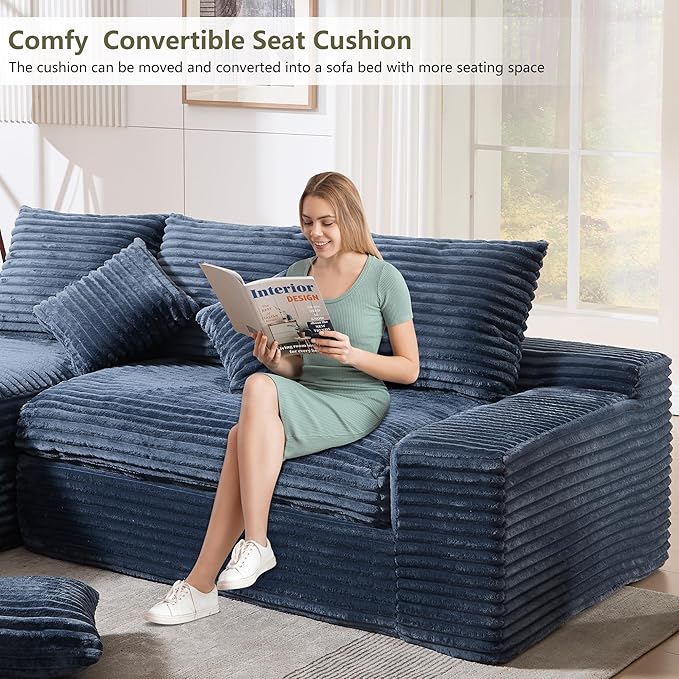 98.8 Cloud L Shape Sectional Couch with Deep Seat Modern Boneless Compressed Sofa with Chaise 4 Seat Corduroy Couches for Living Room Bedroom No Assembly Required (Blue)