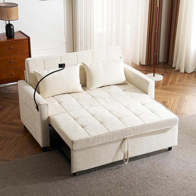 56.9 Loveseat Pull-Out Sofa Bed Chenille Sleeper Sofa Couch with a Reversible Backrest Cushion Side Pockets Two USB Ports and a Phone Holder for Living Room (Beige1)