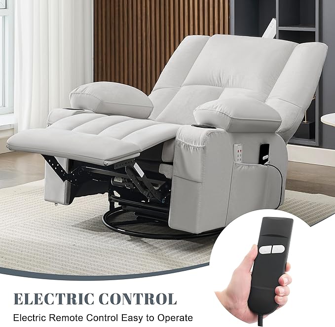 Oversized Recliner Chairs for Adults 270° Swivel Rocker Recliner with Heat and Massage Lazy Boy ReclinerRecliner Chairs Single Sofa Seat with Cup Holders (LightGreyElectric)