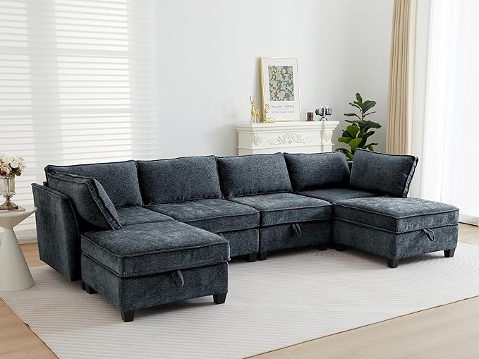 ORRD Oversize Modular Sectional Sofa Set Convertible U Shaped Couch with Storage 6 Seater Sofa Modular with Ottomans and Reversible Chaise for Living Room Office (Blue Grey)