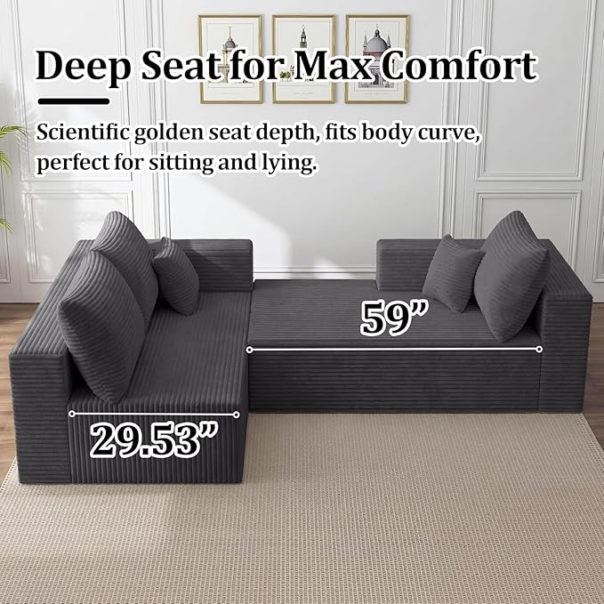 138 Modular Sectional Sofa U-Shaped Cloud Couch with Deep Seats &amp Chaise Convertible Corduroy Boneless Couches for Living Room No-Assembly - Grey (Right Facing Chaise)