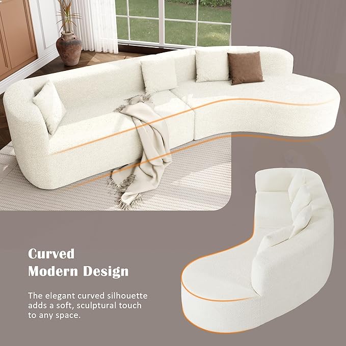 132 Large Sponge Modular Sofa Modern Sectional Sofa with Curved Design 2-Piece Chenille Modular Couch with 4 Pillows Plush Sponge &amp Spring Cushion for Living Room (Beige103)