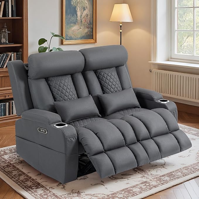 Wall Hugger Power Reclining Loveseat with Manual Adjustable Headrests Electric Recliner Sofa with USB/Type-C Ports Cup Holders – Perfect for RV and Small Spaces (Grey)