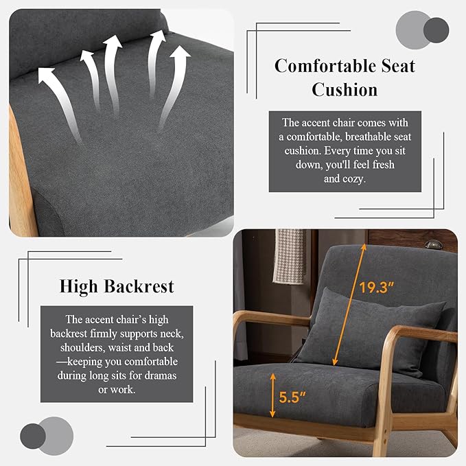Minimalist Accent Chair Velvet Upholstered Mid-Century Modern Chair with Pillow Lounge Arm Chair with High Backrest Comfy Reading Chair for Living Room Balcony (Grey)