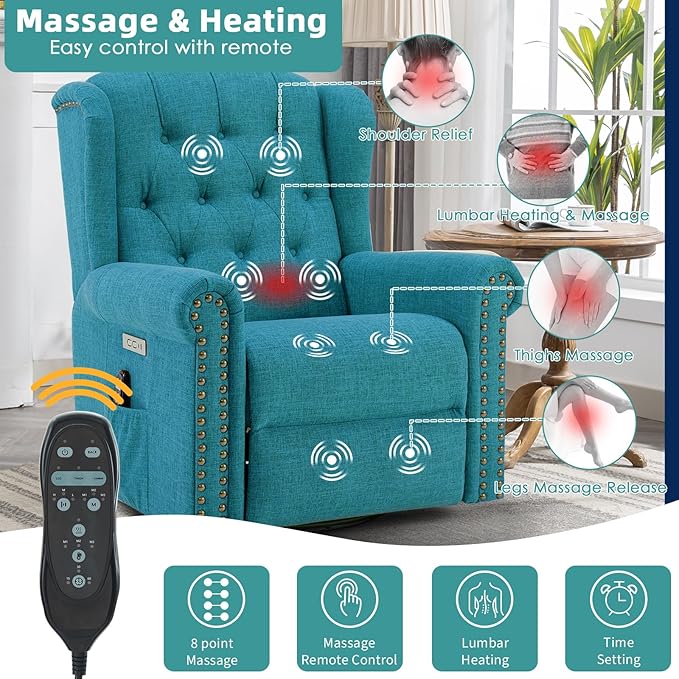 MEETWARM Power Swivel Rocking Glider Recliner Chair with Heat and Vibration Electric Rocker Nursery Reclining Chair Wingback Tufted Upholstered Recliner for Living Room Type-C &amp USB Ports (Teal