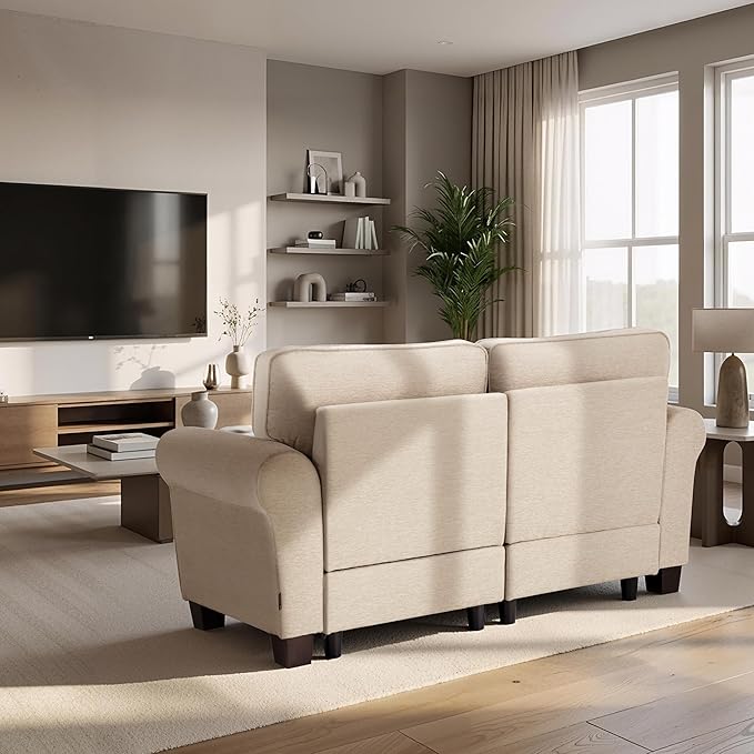 MCombo 67.7 Loveseat Sofa 2-Seater Small Couch for Small Spaces Classic Rolled Arm Upholstered Sofa with Solid Wood Legs for Living Room Removable Cover Chenille Fabric VE730 (Beige)