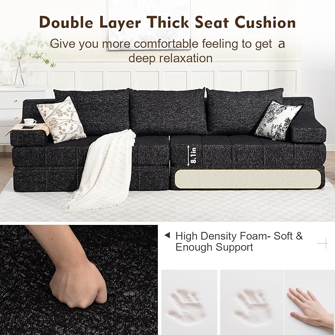 MEISSALIVVE Pull Out Sofa Bed Queen Size Sleeper Sofa Bed with Wide Armrest &amp Thick Cushion 2-in-1 Convertible Couch for Living Room No Assembly Required (Black)