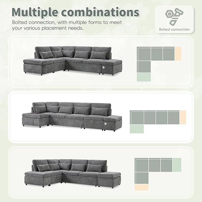 Modular Sectional Sleeper Sofa Bed 107'' Pull Out Bed Sectional Sofa with Free Movement Storage Ottoman L-Shape with Wide Seats Oversized Chenille Sofa for Living Room (Grey/512)