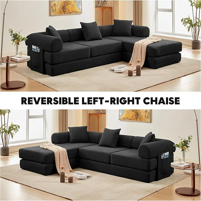 Modular L Shaped Sofa Bed with Cylindrical Pillow &amp Reversible Chaise Corduroy Convertible Floor Boneless Sofa Couch Bed with Fixed-Shape Frame &amp Storage Pocket for Living Room Black