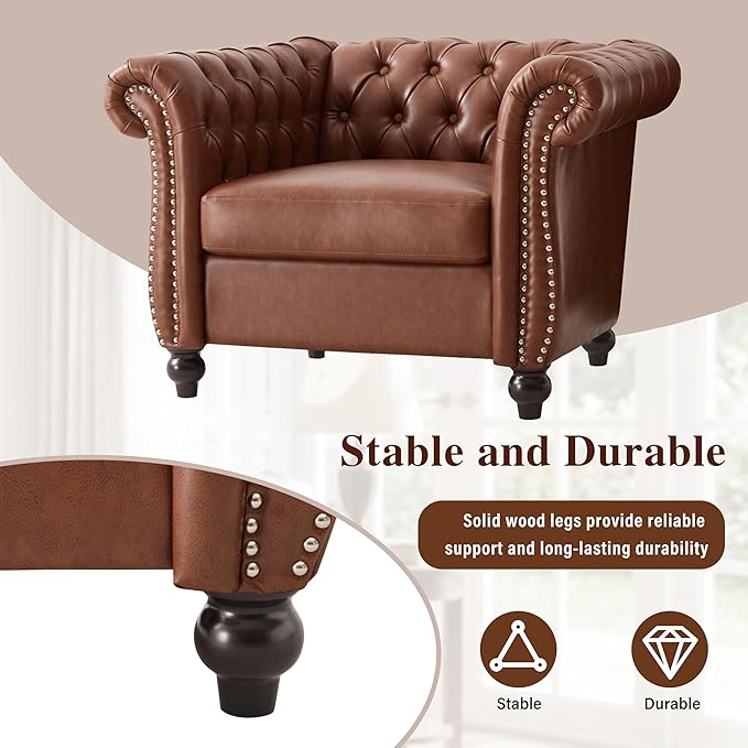 Mid-Century Modern Club Chair with Scrolled Arms Tufted Upholstered Rolled Armchair with Nailhead Trim and Solid Wood Legs for Home Bedroom Reading Room (Brown87)