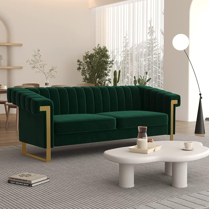 83'' Green Velvet Couch Sofa Mid-Century Modern Love Seat Chesterfield 3 Seat Couches Sofa for Living Room Apartment (Green)