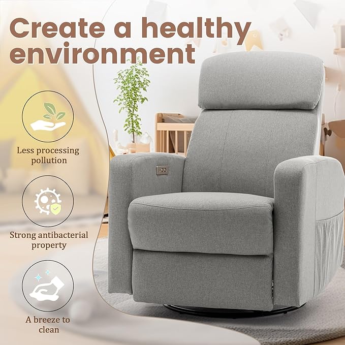 Power Swivel Recliner Chairs for Adults Electric Glider Rocking Chair Nursery Glider Recliner Nursery Chair with Classified Side Pocket Nursery Rocking Chairs with USB and Type-C Ports