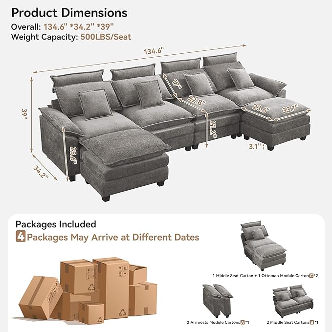 134'' Cloud Modern 4 Seater Couch with Detachable Headrest Modular Sectional Sofa with 2 Ottoman Oversized U Shape Chenille Comfy Sofa with Armrests for Living Room Light Grey