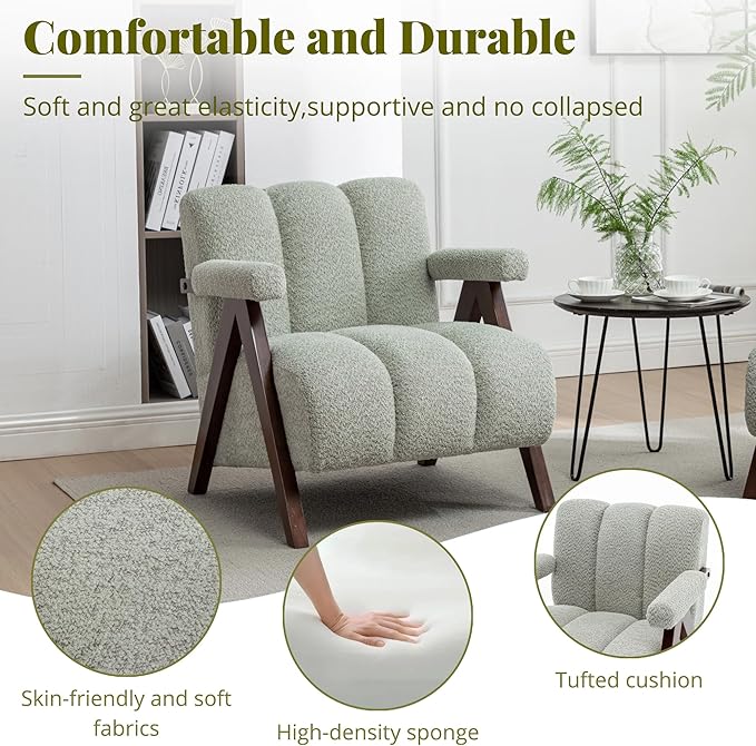 Mid Century Modern Accent Chair with Solid Wood Frame Boucle Upholstered Living Room Chairs with Thick Cushion Comfy Tufted Arm Chair for Bedroom Sage
