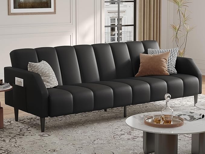 Fadware Faux Leather Couch Convertible Futon Sofa Bed with Adjustable Backrest Mid Century Leather Sofa Loveseat with Side Pockets&amp Metal Leg Modern Leather Sleeper Sofa for Living Room Bedroom