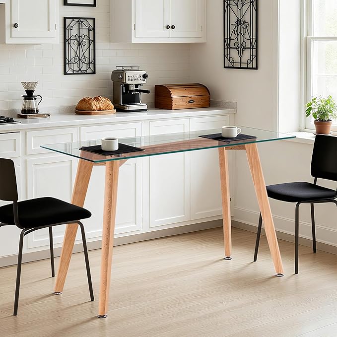 ivinta Glass Office Desk 43 Rectangular Computer Desk with Solid Wood Legs Modern Dining Table for Living Room Office Kitchen TAM-WT