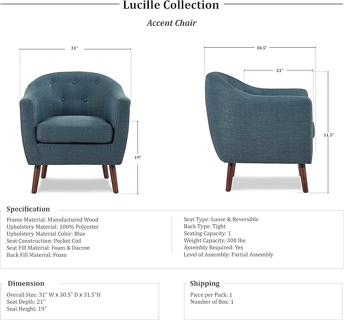 Homelegance Lucille Modern Accent Chair Upholstered Reading Chair with Button-Tufted Back Sloped Arms Removable Seat Cushion Cover and Espresso Wood Legs for Living Room Bedroom or Office Blue