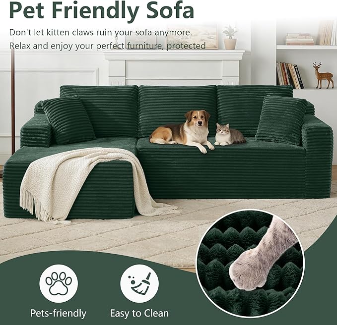 103 W Green Boneless Cloud Sectional Couches for Living Room No Assembly Compressed L Shaped Sofa with Deep Seat &amp Left Chaise Fluffy Corduroy Floor Lounge Sofa for Apartment Office
