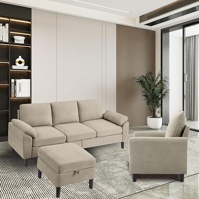 2 Piece Sectional Sofa Set for Living Room 79 Modern Linen Convertible L Shaped Couch with Movable Ottoman and Accent Chair Sectional Couches Beige
