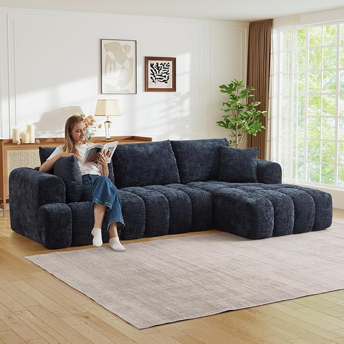 108 W Modular Sectionals SofaCloud Boneless Couch with ChaiseChenille Tufted Deep Seat L Shaped CouchModern Compression Foam Sofa for Living Room BedroomNo Assembly Required(Right FacingBlue)