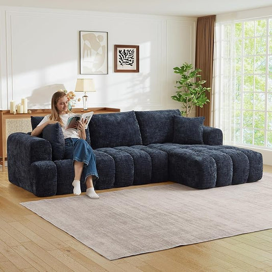 108 W Modular Sectionals SofaCloud Boneless Couch with ChaiseChenille Tufted Deep Seat L Shaped CouchModern Compression Foam Sofa for Living Room BedroomNo Assembly Required(Right FacingBlue)