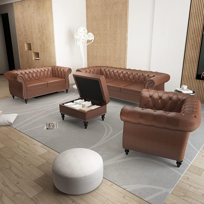 Chesterfield Loveseat Modern Faux Leather Sofa Tufted Couch 2 Seater with Rolled Arms and Nailhead for Living Room Bedroom Office Apartment (Dark Brown)