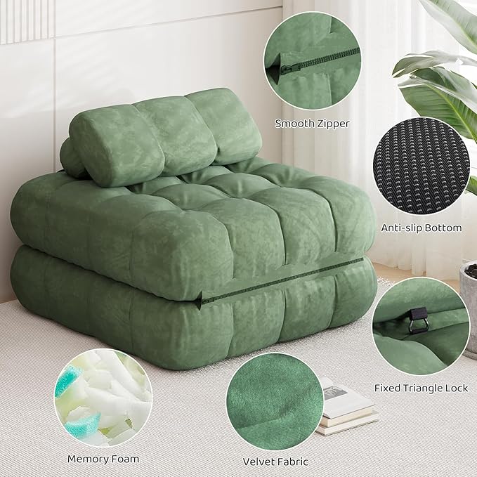 3-in-1 Folding Futon Sofa Bed 35.4 Convertible Sleeper Chair Bed with PillowBoneless Couch Lounge Portable Fold Out Comfy Velvet Floor Mattress for Living Room Bedroom - Single Green