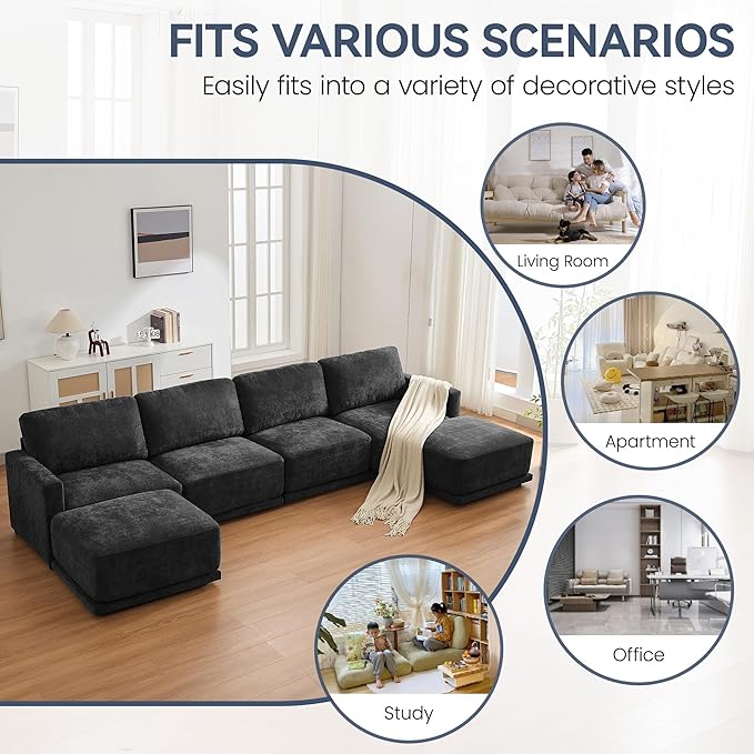 44.2 Oversized Sofa Chair with Ottoman Upholstered Accent Chair with Thick Cushions Single Sofa Lounge Chenille Comfy Reading Chair for Living Room Easy Assembly Black