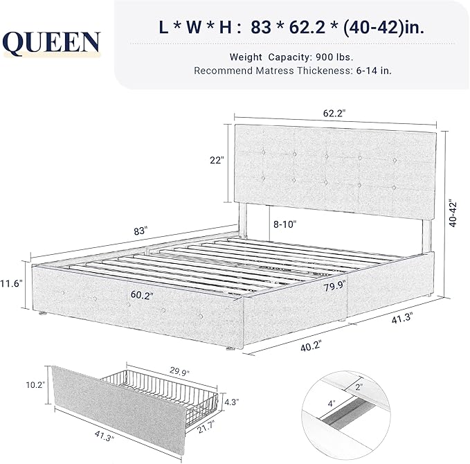 Allewie Upholstered Queen Size Platform Bed Frame with 4 Storage Drawers and Headboard Square Stitched Button Tufted Mattress Foundation with Wooden Slats Support No Box Spring Needed Dark Grey