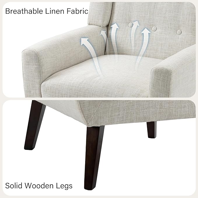 Accent Chair Mid-Century Modern Fabric Chairs with Arms for Living Room Comfy Upholstered Club Single Sofa Armchair for Bedroom Waiting Room with Solid Wood Frame
