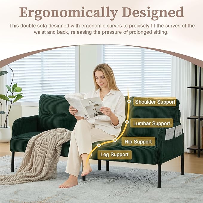 KEIKI 67 Corduroy Loveseat Sofa with Double Side Pockets &amp High Resilience Cushion Modern Style Upholstery Oversized 2-Seater Couch with Metal Legs Easy Assembly for Living Room Emerald